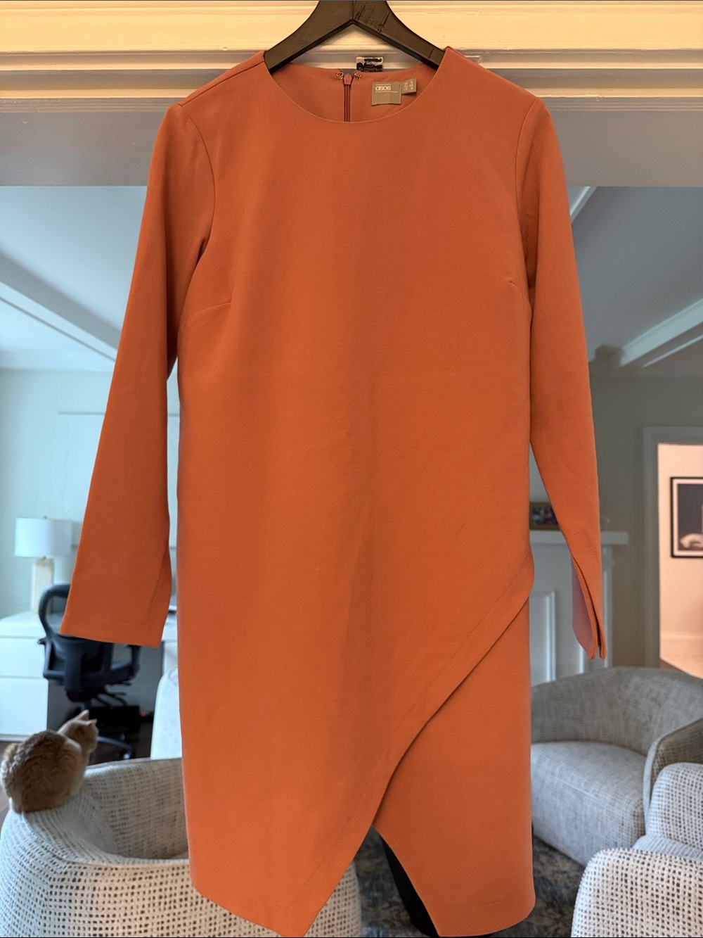 ASOS Size 8 Classic Asymmetric Long Sleeve Dress in Rust/Salmon